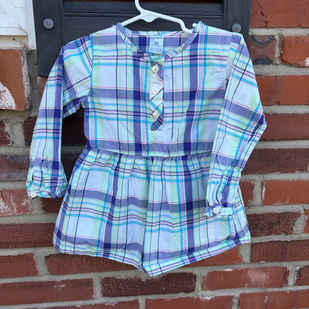 Carters Toddler Girls 2T Plaid Henley Tunic Top Long Sleeve Purple Teal 259G306